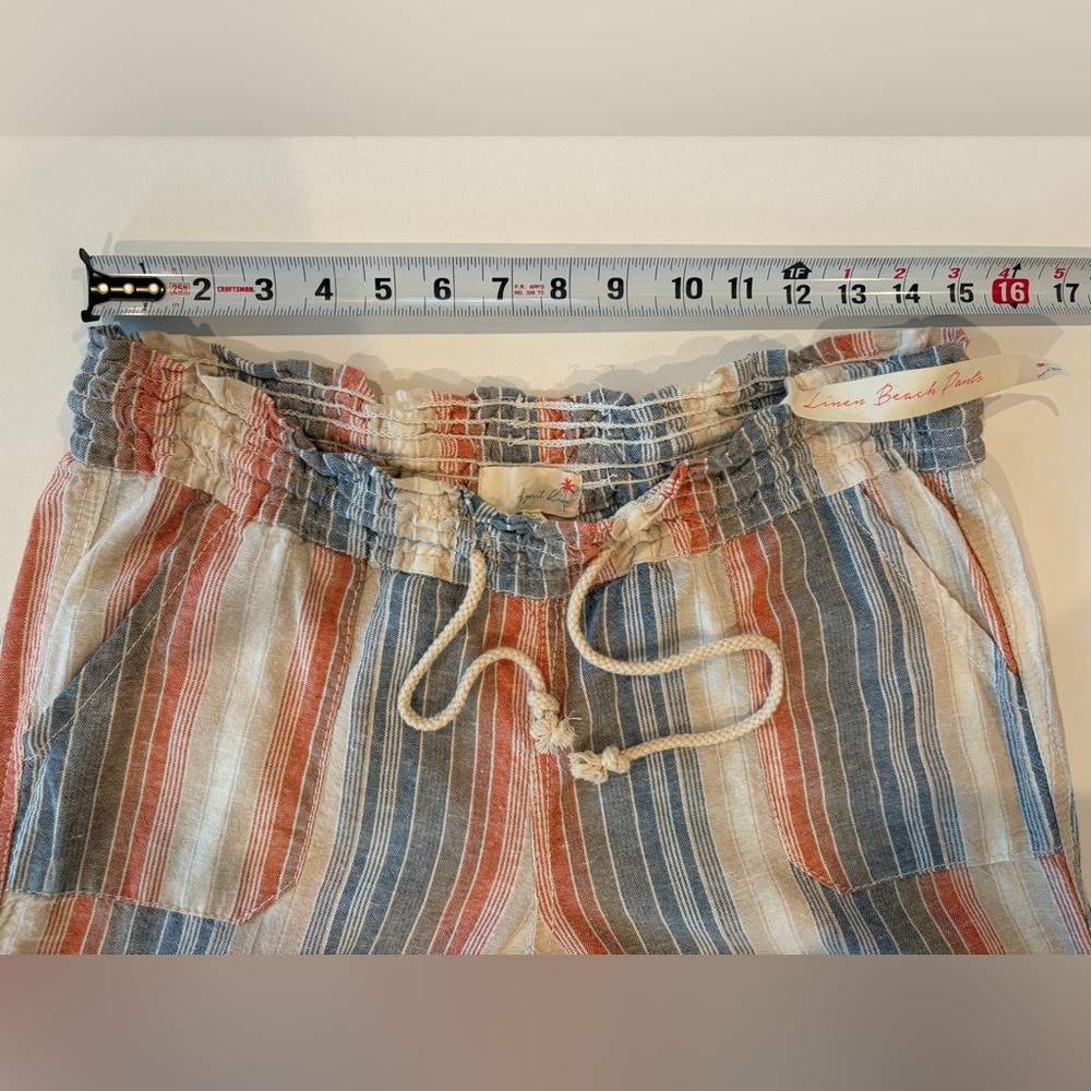 April Kiss Smocked Waist Boho Linen Cotton Blend Large Beach Pants Blue Orange - Picture 8 of 14